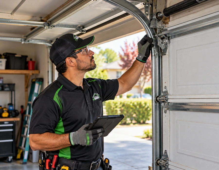 Garage door technician diagnosing a residential garage door in Fremont